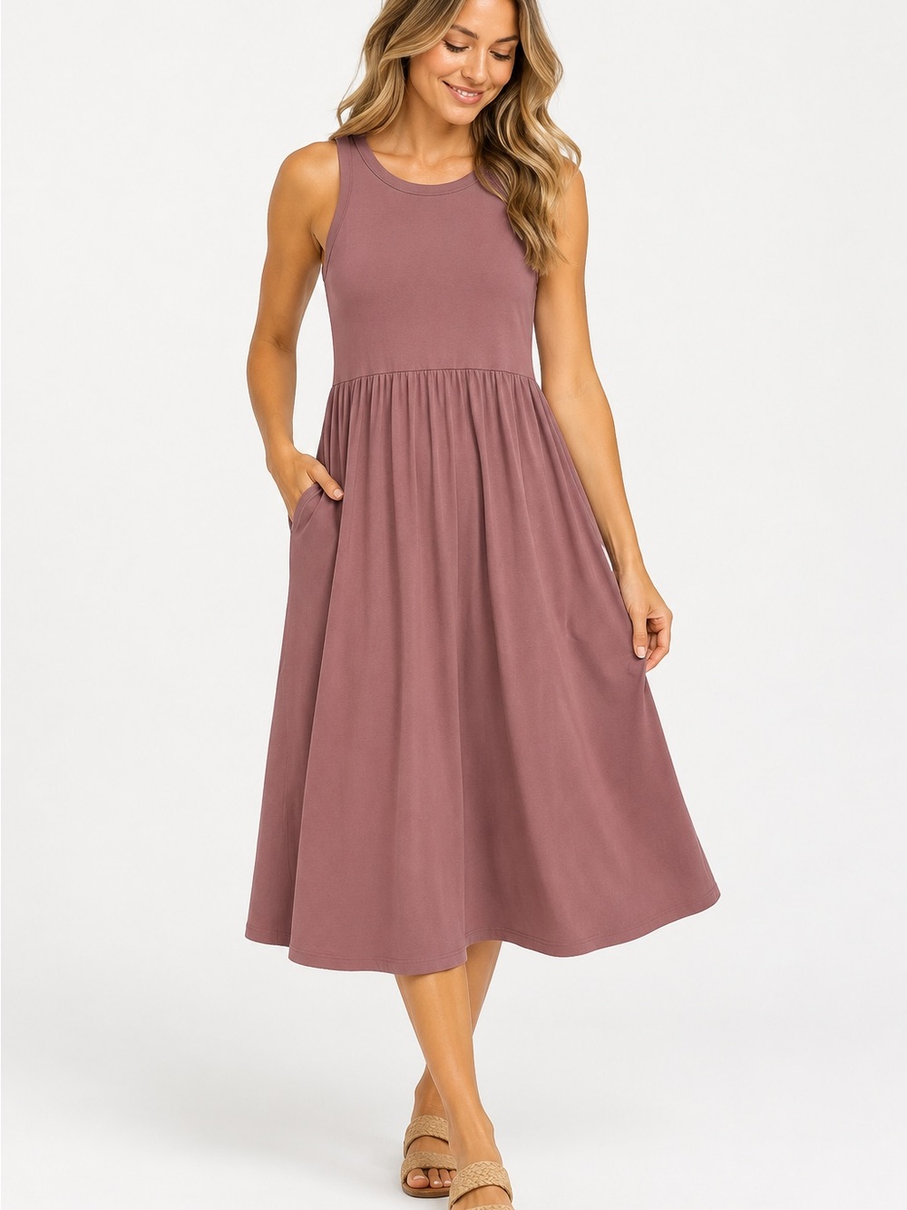 Buffalo David Bitton Mauve Dusty Pink Sleeveless Midi Dress Tee Size Large